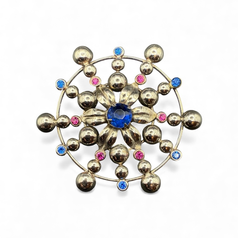 Elegant Vintage Sterling Silver Starburst and Multi Colored Stone Brooch